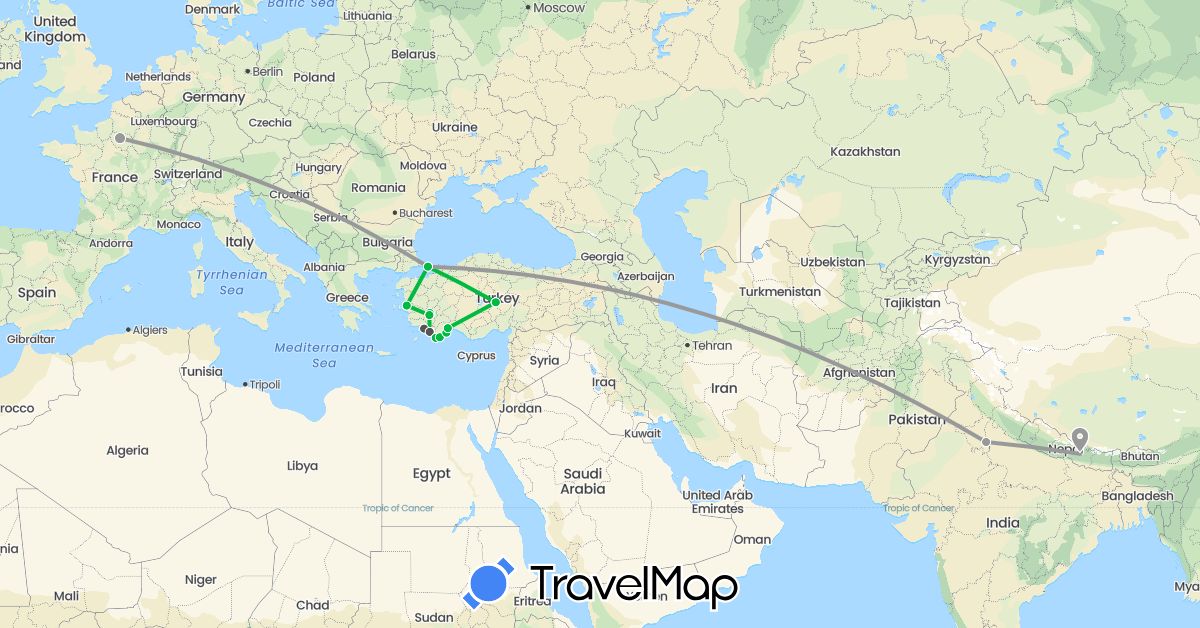 TravelMap itinerary: bus, plane, train, motorbike in France, India, Nepal, Turkey (Asia, Europe)